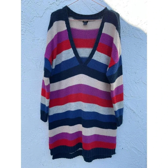 H&M Womens Pullover V Neck Tunic Crochet Sweater Dress Multi Striped Sz M/L WT06 - Picture 8 of 8